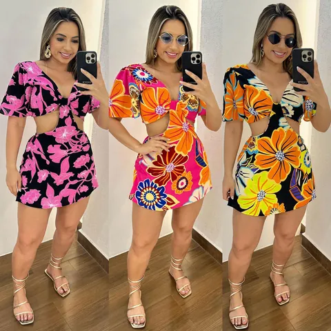 Women Floral Print Cut-out Romper Ruffle Sleeve V-Neck Backless Summer Vacation Romper Faux Two-Piece Mini Jumpsuit Dress
