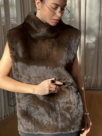 Women Faux Mink Fur Vest Winter Thick Warm Brown Plush Sleeveless Top Fashion High Neck Casual Outerwear