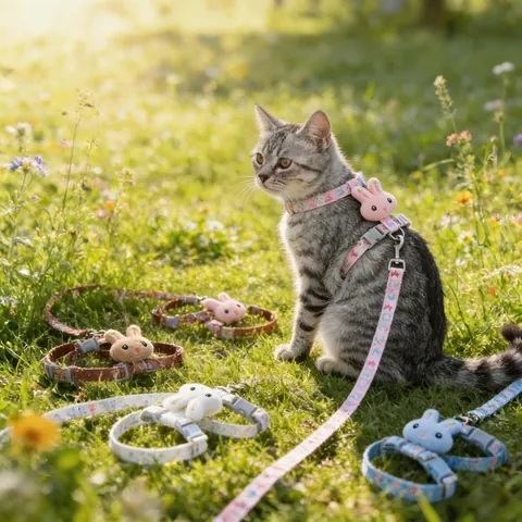 Adjustable H-Shape Cat Harness And Leash Escape Proof Bunny Pattern Printed Webbing Pet Lead For Small Cats Rabbits