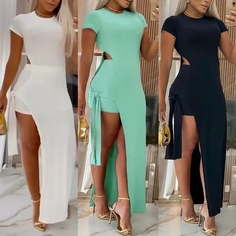 Women Sexy Solid Cutout Bodycon Midi Dress Top And Bottom Set High Slit Tie-up Mercerized Polyester Two Piece Outfit