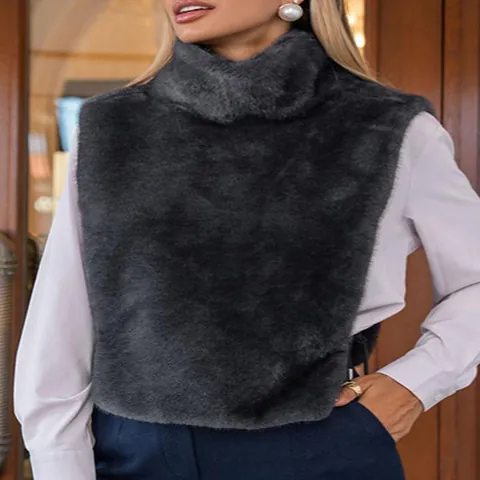 Elegant Women Faux Fur Plush Vest High Neck Sleeveless Warm Imitation Mink Fur Top For Autumn Winter Solid Color Loose Fit