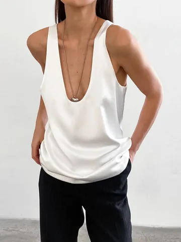 Camiseta sin Mangas de Satén con Cuello en V Profundo Sexy para Mujer Camisola Suave de Seda Sintética Verano Conmutación Elegante Top de Poliéster