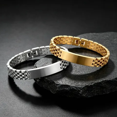 Men Titanium Steel Jubilee Watchband Link Bracelet Gold Silver Smooth Curved ID Plate Engravable Hip Hop Jewelry