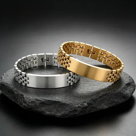 Men Titanium Steel Jubilee Watchband Link Bracelet Gold Silver Smooth Curved ID Plate Engravable Hip Hop Jewelry