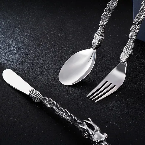 Vintage Chinese Style Stainless Steel Dragon Relief Flatware Spoon Fork Knife Distressed Finish Tableware For Home Dining