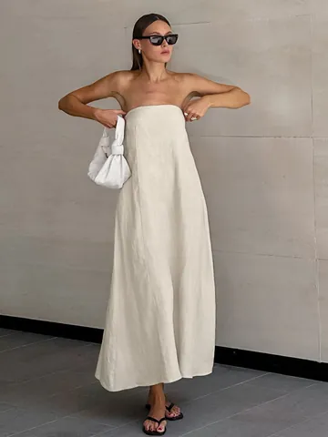 Damen Sommer Bandeau Baumwolle Leinen Kleid Westlich Sexy Trägerlos A-Linie Maxi Urlaub Freizeit Einfarbig Sonnenkleid