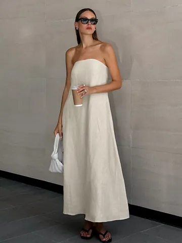 Damen Sommer Bandeau Baumwolle Leinen Kleid Westlich Sexy Trägerlos A-Linie Maxi Urlaub Freizeit Einfarbig Sonnenkleid