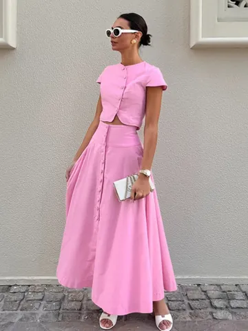 Conjunto de Falda de Algodón Elegante Francés para Mujer Top de Manga Corta de Botonadura Sencilla y Falda Larga de Línea A de Cintura Alta Atuendo de Dos Piezas