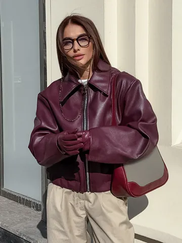Damen Retro Kunstleder Moto Jacke Weinrot Matt PU Biker Mantel Herbst Winter Revers Reißverschluss Locker Oberbekleidung