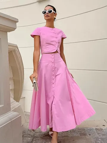 Conjunto de Falda de Algodón Elegante Francés para Mujer Top de Manga Corta de Botonadura Sencilla y Falda Larga de Línea A de Cintura Alta Atuendo de Dos Piezas