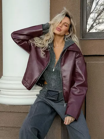Damen Retro Kunstleder Moto Jacke Weinrot Matt PU Biker Mantel Herbst Winter Revers Reißverschluss Locker Oberbekleidung