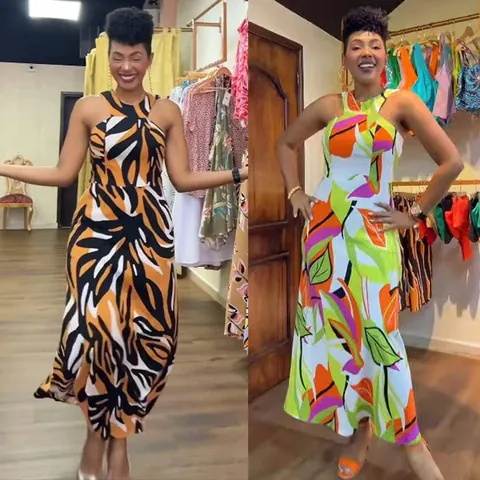 Women Halter Neck Sleeveless Tropical Leaf Print Maxi Dress Elegant Slim Fit Backless Summer Beach Party Long Sundress