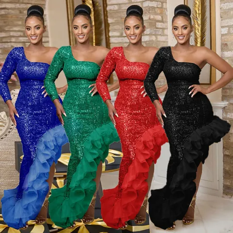 Women Sexy One Shoulder Sequin Mesh Patchwork Asymmetric Party Dress Long Sleeve Sequin Ruffle Evening Gown Formal Prom Dress