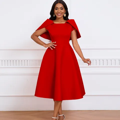 Vestido Midi Elegante con Mangas de Capa para Mujer Color Sólido Corte Ajustado Gran Vuelo Línea A Vestido de Banquete Fiesta