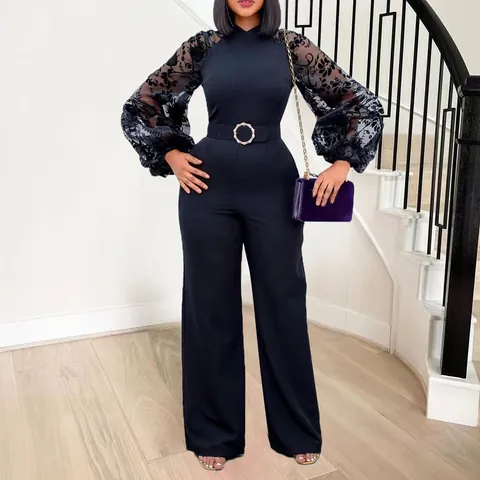Women Elegant Mesh Lantern Sleeve Jumpsuit Wide Leg Stand Collar Romper With Belt Clubwear