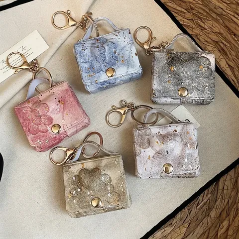 Mini Lederen Tas Hanger Met Bloemen Hart Print Sleutelhanger Exquise Draagbare Luxe Tas Bedel Accessoire