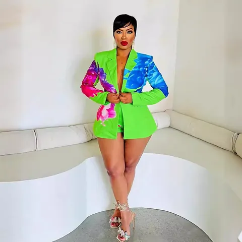Women Sexy Floral Print Blazer And Shorts Set Long Sleeve Lapel Suit Top And Bottom Two Piece Outfits For Office Commute Party