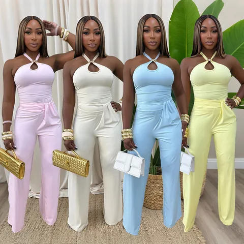 Donna Top E Pantaloni Tinta Unita Increspato Anello Di Metallo Senza Maniche Vita Alta Gamba Larga Abbigliamento Moda Casual