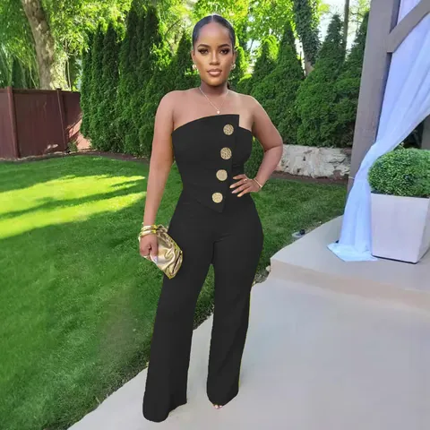 Dames Elegante Strapless Tube Top Jumpsuit Mouwloos Wijde Pijpen Eendelig Met Gouden Knopen Polyester Sexy