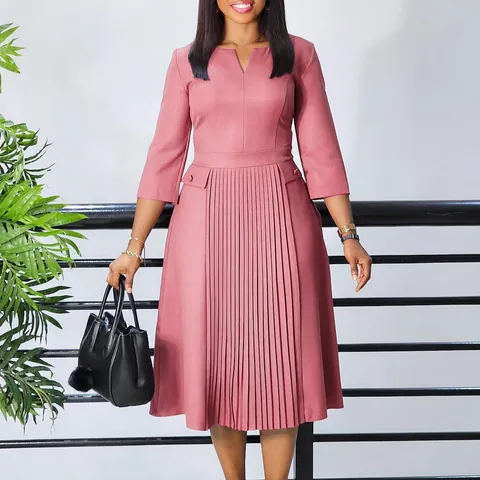 Elegant Polyester V-Neck Pleated Midi Dress For Women Solid Color Three-Quarter Sleeve Slim Fit Formal Banquet Party Clothing