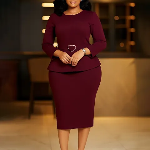 Elegant Round Neck Long Sleeve Peplum Pencil Dress Women Professional Commute Midi Dress With Heart Buckle Belt Office Outfit