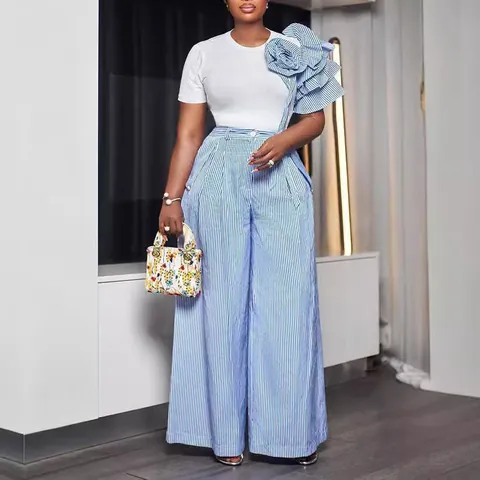 Completo a Due Pezzi da Donna Elegante a Righe a Contrasto Top a Manica Corta Girocollo e Pantaloni a Gamba Larga Abbigliamento Streetwear per l'Estate Quotidiano