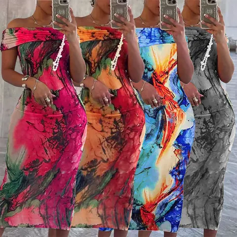 Women Off-Shoulder Abstract Marble Print Bodycon Midi Dress Sleeveless Slim Fit Sexy Clubwear Party Elegant Pencil Dress