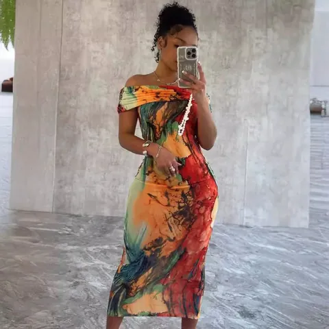 Women Off-Shoulder Abstract Marble Print Bodycon Midi Dress Sleeveless Slim Fit Sexy Clubwear Party Elegant Pencil Dress