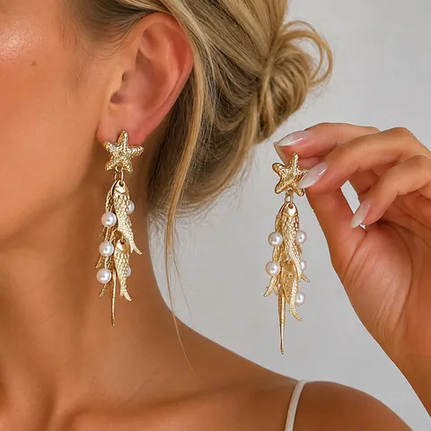 Orecchini a Goccia con Nappine a Forma di Pesce e Stella in Metallo Increspato con Perno in Argento Lega Perla Artificiale Gioielli Donna