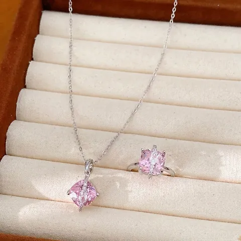 Geometric Rhombus Square Zirconia Pendant Necklace Ring Jewelry Set For Women Light Luxury Silver Plated Copper Clavicle Chain