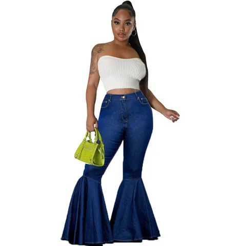 Pantaloni a Zampa in Denim Elasticizzato a Vita Alta da Donna Jeans a Zampa d'Elefante Blu Tinta Unita alla Moda per Pendolari