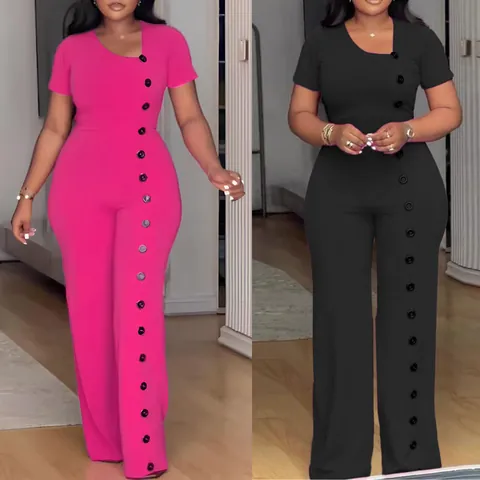 Mono Elegante Mujer Escote Irregular Cintura Ajustada Pierna Ancha Botones Manga Corta Poliéster Romper Conmutar Traje