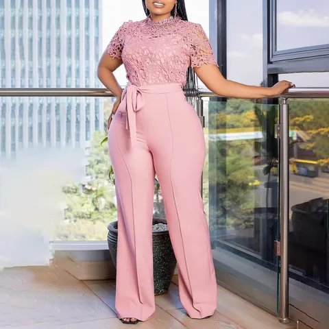Women Sexy Lace Hollow Out Short Sleeve Jumpsuit High Waist Wide Leg Romper with Belt Elegant Office Lady Polyester Jumpsuit