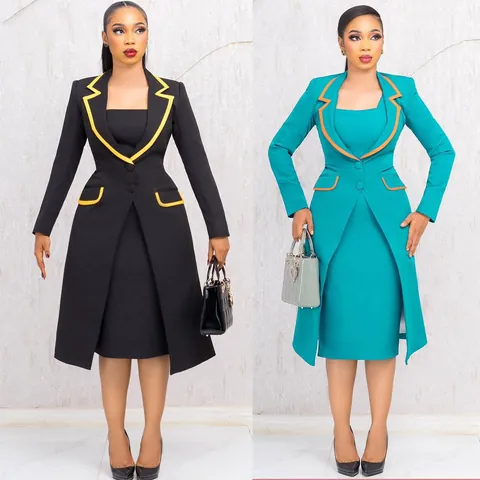 Women Elegant Commuter Two Piece Set Contrast Piping Lapel Slim Blazer And Vest Dress Polyester Office Lady Outfit