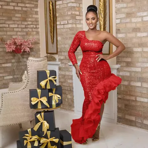 Women Sexy One Shoulder Sequin Mesh Patchwork Asymmetric Party Dress Long Sleeve Sequin Ruffle Evening Gown Formal Prom Dress