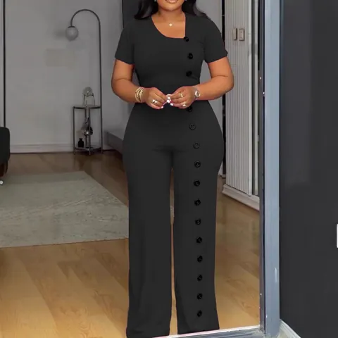 Mono Elegante Mujer Escote Irregular Cintura Ajustada Pierna Ancha Botones Manga Corta Poliéster Romper Conmutar Traje