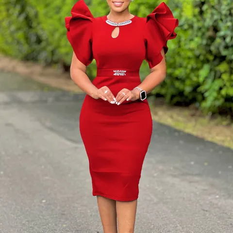 Women Elegant Bodycon Party Dress Round Neck Keyhole Ruffle Sleeve Rhinestone Embellished Midi Cocktail Evening Gown