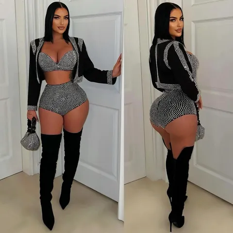 Women Sexy Elegant Rhinestone Jacket Top And Shorts Set Black Sparkly Clubwear Party Banquet Performance Outfit For Lady