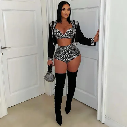 Women Sexy Elegant Rhinestone Jacket Top And Shorts Set Black Sparkly Clubwear Party Banquet Performance Outfit For Lady