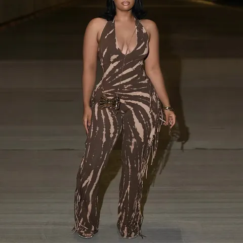 Women Sexy Halter Neck Backless Jumpsuit With Tassel Tie Dye Print Flared Leg Slim Fit Top And Bottom For Party
