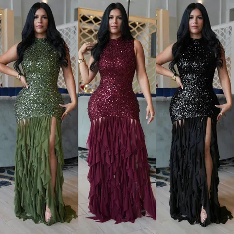 Elegant Sequin Mesh Patchwork Slim Fit Maxi Dress Women Sexy High Neck Sleeveless Ruffle Mermaid Party Evening Gown