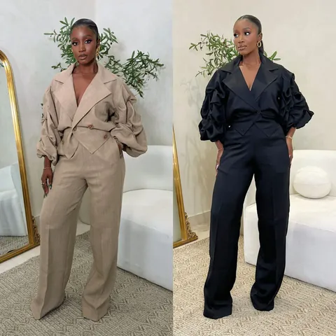 Women's 2-Piece Business Casual Suit Set Large Lapel Pleated Long Sleeve Blazer And Wide Leg Pants Office Outfit