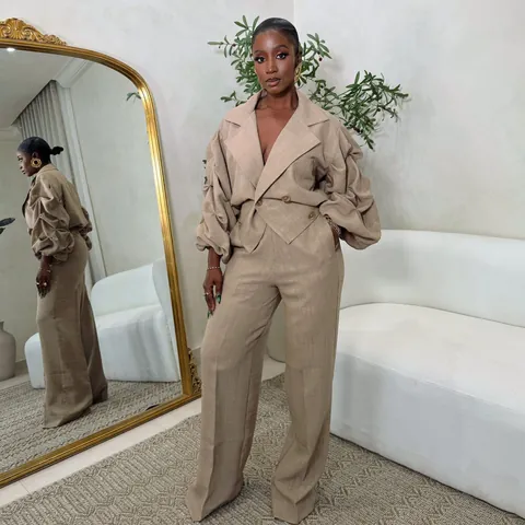 Women's 2-Piece Business Casual Suit Set Large Lapel Pleated Long Sleeve Blazer And Wide Leg Pants Office Outfit