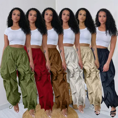 Women's Elegant Patchwork Lace Lantern Pants High Waist Drawstring Loose Cargo Jogger Pants Commuter Fashion Casual Trousers