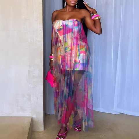 Robe Longue pour Femme Sexy Sans Bretelles Patchwork en Maille Imprimé Abstrait Multicolore Moulante Transparente Clubwear Fête S11009
