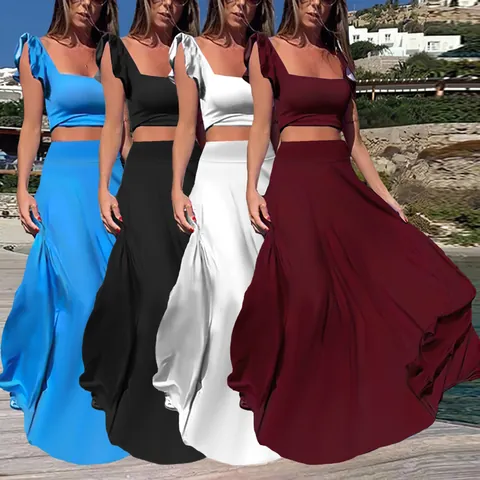 Women's Sexy Elegant Milk Silk Two Piece Maxi Dress Set Ruffle Crop Top And High Waist Long Skirt Vacation Outfit
