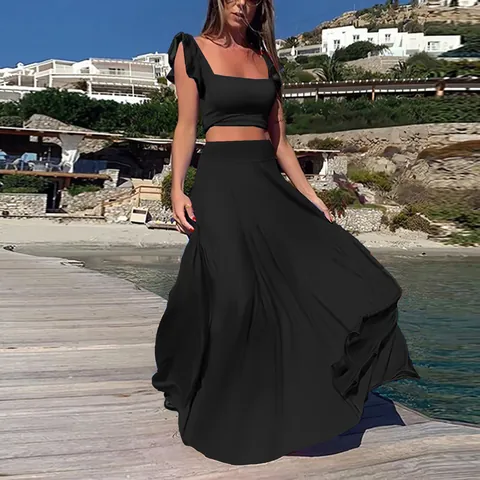 Women's Sexy Elegant Milk Silk Two Piece Maxi Dress Set Ruffle Crop Top And High Waist Long Skirt Vacation Outfit
