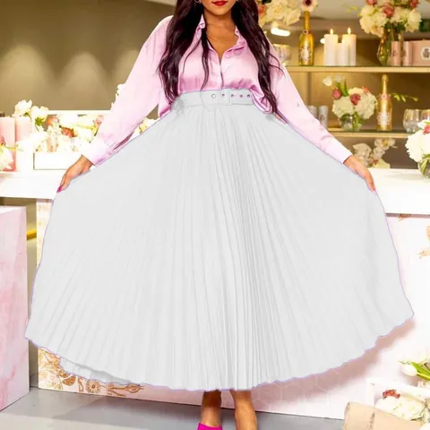 Falda Midi Plisada de Talle Alto Para Mujer Con Cinturón Elegante Color Sólido Línea A Falda Maxi de Gran Vuelo Poliéster