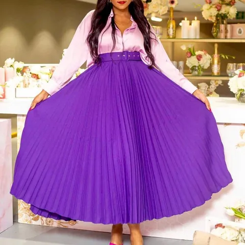 Falda Midi Plisada de Talle Alto Para Mujer Con Cinturón Elegante Color Sólido Línea A Falda Maxi de Gran Vuelo Poliéster