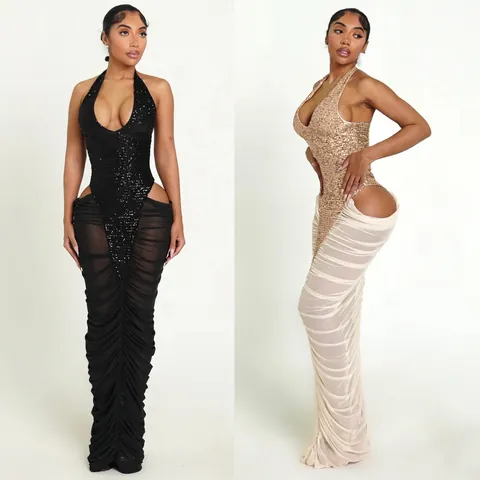 Damen Sexy Elegant Neckholder Pailletten Netz-Patchwork Gerafft Hoher Schlitz Bodycon Midi Kleid Für Party Bankett Hochzeit Soziale Events
